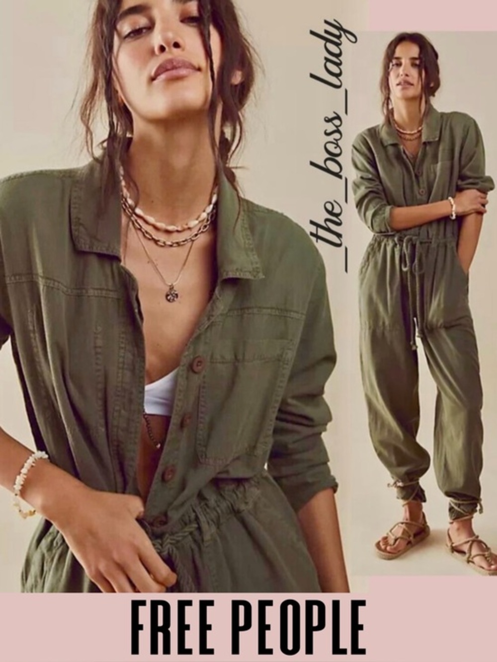 Free People jumpsuit green military cargo style utility cotton belted XS